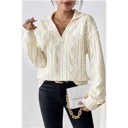 White Cable Rhombus Texture Collared Split Neck Top