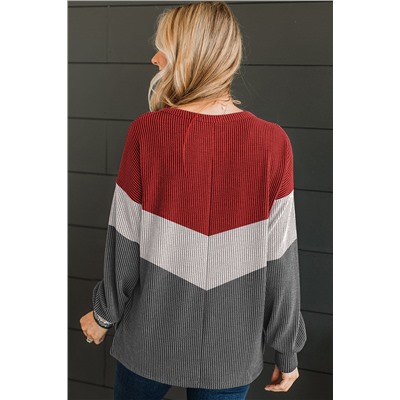 Medium Grey Color Block Corded Texture Long Sleeve Top