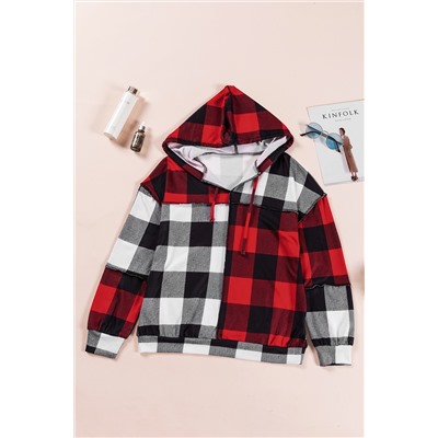 Multicolor Contrast Color Plaid Drawstring V Neck Hoodie