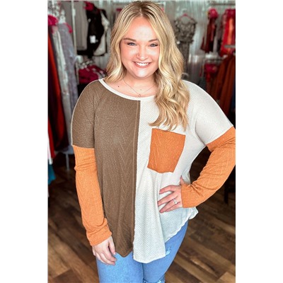 Chestnut Plus Size Color Block Textured Patchwork Top with Pocket