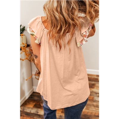 Apricot Pink Floral Patchwork Square Neck Ruffle Sleeve Blouse