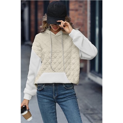 Beige Drop Shoulder Quilted Patchwork Kangaroo Pocket Hoodie