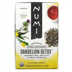 Numi Tea, Organic, Dandelion Detox, Caffeine Free, 16 Non-GMO Tea Bags, 1.13 oz (32 g)