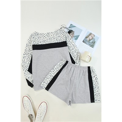 Gray Leopard Colorblock Patchwork Pullover and Shorts Set