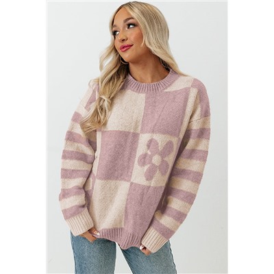 Orchid Petal Checkered Floral Print Striped Sleeve Sweater