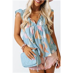 Sky Blue Splotches Pattern Ruffled Cap Sleeve Shift Top