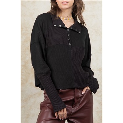 Black Ribbed Knit Snap Button Long Sleeve Top