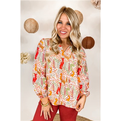 Orange Printed Split V Neck Puff Sleeve Blouse