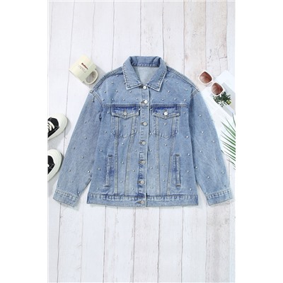 Mist Blue Rhinestones Studded Denim Jacket