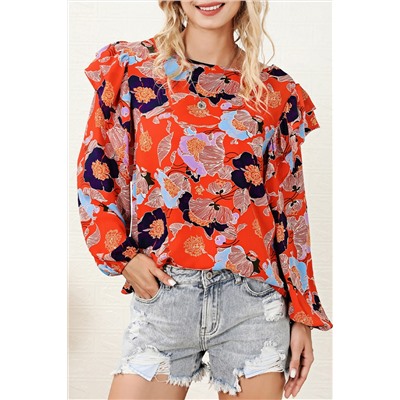 Red Floral Print Ruffle Puff Sleeve Blouse