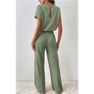 Grass Green Solid Color Ribbed Short Sleeve Wide Leg Jumpsuit