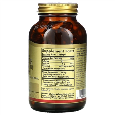 Solgar, Витамин Е природного происхождения, 670 мг (1000 МЕ), 100 мягких желатиновых капсул