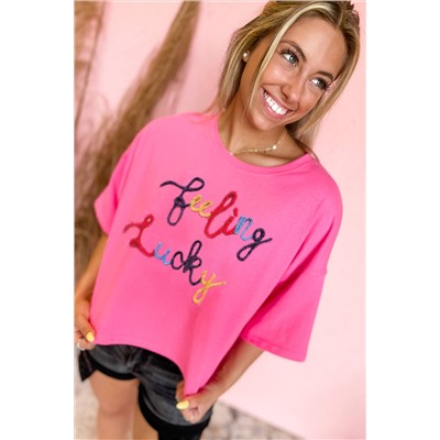 Bonbon Feeling Lucky Embroidered Letter Graphic Half Sleeve Top