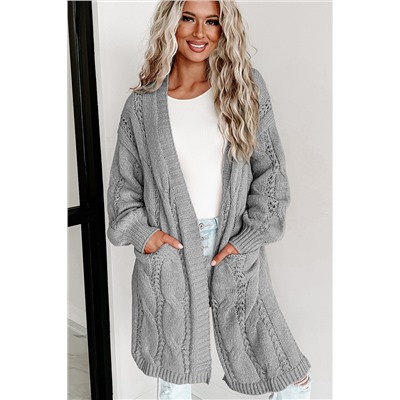 Gray Ribbed Trim Eyelet Cable Knit Cardigan