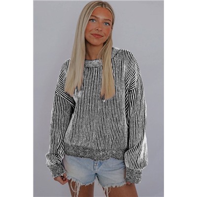 Black Striped Print Ribbed Trim Round Neck Sweater