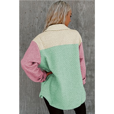 Green Color Block Patchwork Flap Pocket Quilted Shacket