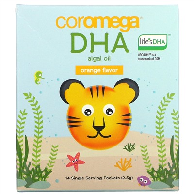 Coromega, DHA Algal Oil, Orange, 14 Single Serve Packets, 2.5 g Each