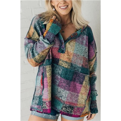 Multicolor Brushed Plaid Buttoned Pullover Oversized Hoodie