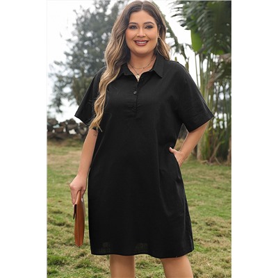 Black Plus Size Shirt Collar Buttoned Short Sleeve Shift Dress