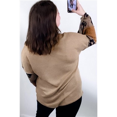 Light French Beige Plus Size Leopard Colorblock Patchwork Wide Sleeve Top