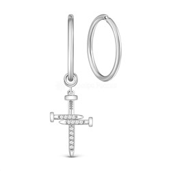 Серьги-конго женские с гвоздиками в виде креста из серебра с фианитами родированные (2 в 1, съёмный элемент), диаметр 1,5 см 421-10-647р