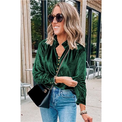 Blackish Green Frilled Neck Buttoned Front Velvet Top