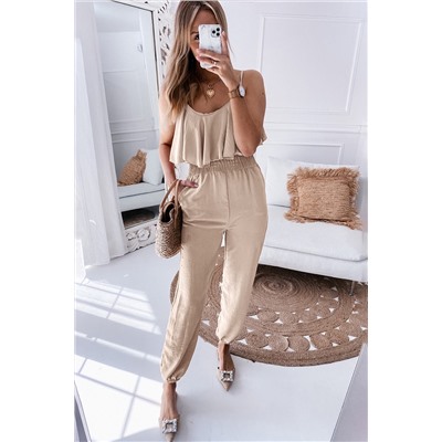 Parchment Spaghetti Straps Ruffles Overlay Smocked Jogger Jumpsuit