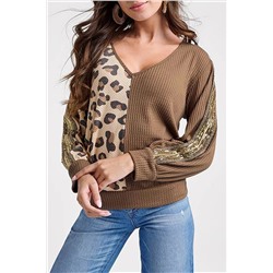 Brown Leopard Splicing Waffle Knit V Neck Top