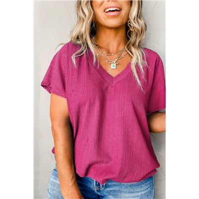 Bright Pink Textured V Neck Bubble Hem Plus Top