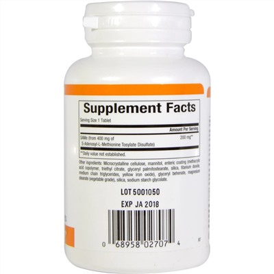 Natural Factors, SAM-e (S-аденозил-L-метионин), 200 мг, 30 желудочно-резистентных таблеток