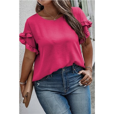 Bright Pink Ruffled Short Sleeve Plus Size Top