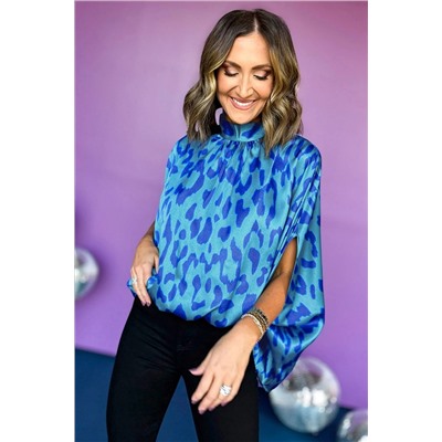 Blue Animal Printed Mock Neck Detail Caftan Top