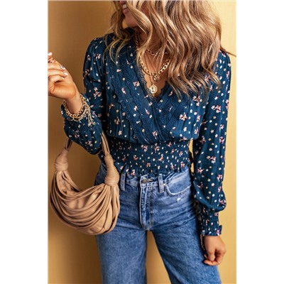 Blue Lace Trim V Neck Floral Smocked Long Sleeve Blouse