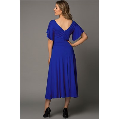 Синее длинное платье с V-образным вырезом и оборками на рукавах на рукавах