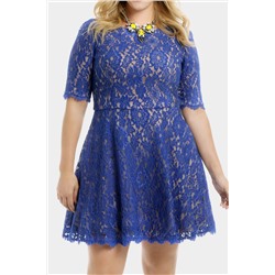 Синее гипюровое мини-платье с коротким рукавом