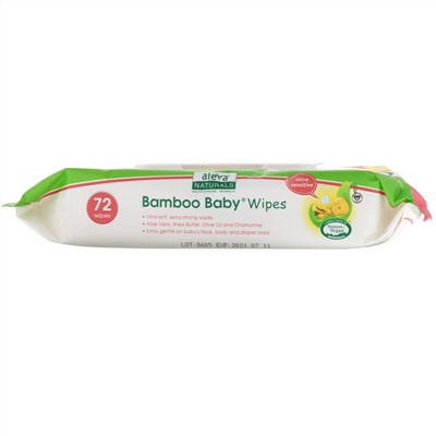 Aleva Naturals, Влажные салфетки для сверхчувствительной кожи Bamboo Baby Wipes, без отдушки, 72 влажных салфетки, 7,9 x 6,7 дюймов (17 x 20 см)