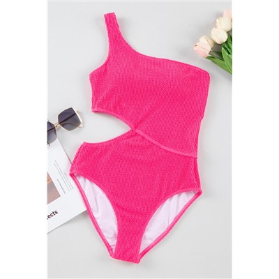 Bright Pink Solid Textured Cut Out One Shoulder Monokini