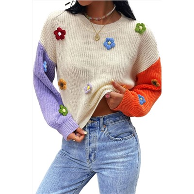 Multicolour Flower Applique Colorblock Drop Shoulder Sweater