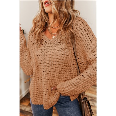 Light French Beige Hollow-out Crochet V Neck Sweater