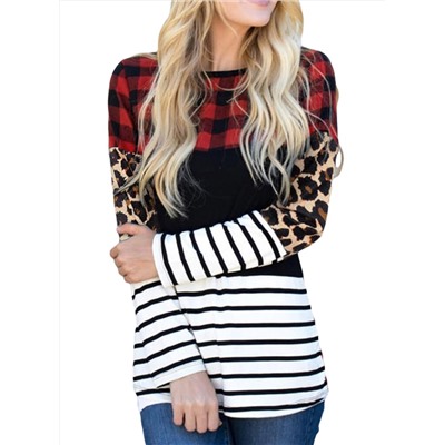 Plaid Print Leopard Splicing Striped Color Block Long Sleeve Top