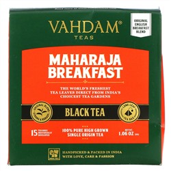 Vahdam Teas, магараджа, черный чай для завтрака, 15 чайных пакетиков, 30 г (1,06 унции)