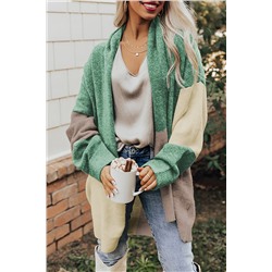 Green Colorblock Draped Open Front Chunky Cardigan