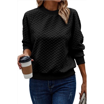 Black Solid Textured Raglan Sleeve Pullover Sweatshirt