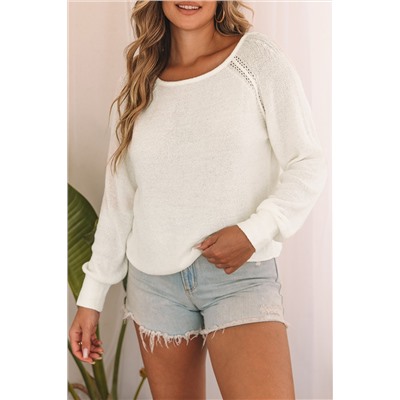 White Long Sleeve Cutout Shoulder Relaxed Sweater