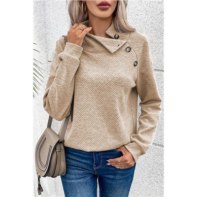 Apricot  Asymmetric Buttons Detail High Neck Textured Sweatshirt