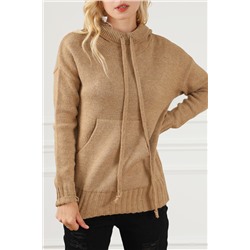 Brown Cowl Neck Drawstring Pullover Hooded Sweater