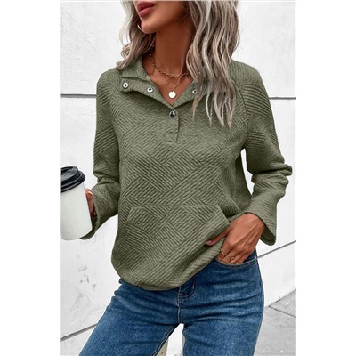 Laurel Green Textured Knit Buttoned Kangaroo Pocket Sweatshirt