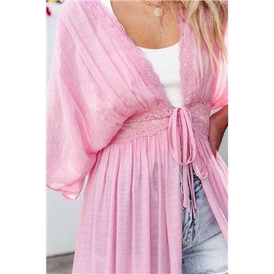 Light Pink Lace Splicing Open Front Maxi Kimono