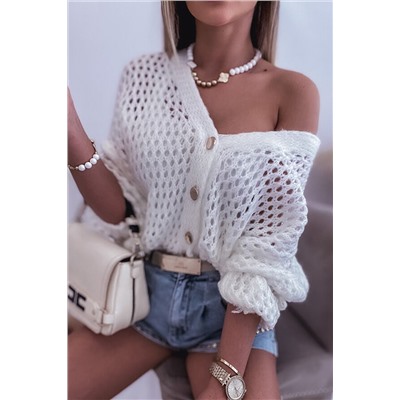 White Hollowed Knit Dolman Sleeve Sweater Cardigan