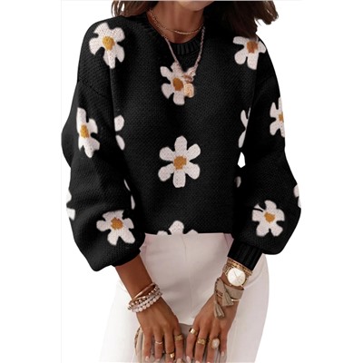 Black Floral Pattern Drop Shoulder Sweater